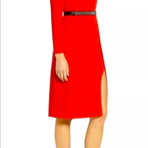 Halston Heritage Red Belted Crepe Cold Shoulder Sheath Dress Sz 6 - Picture 6 of 17